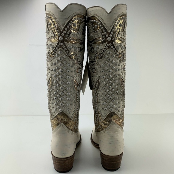 Womens Frye Boots 6 Deborah Deco Tall Studded Off White Distressed Vintage Rare - Picture 7 of 8